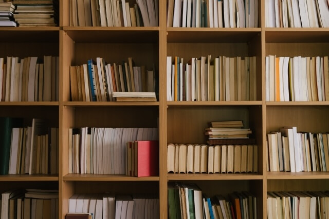 本が詰まった木目の本棚