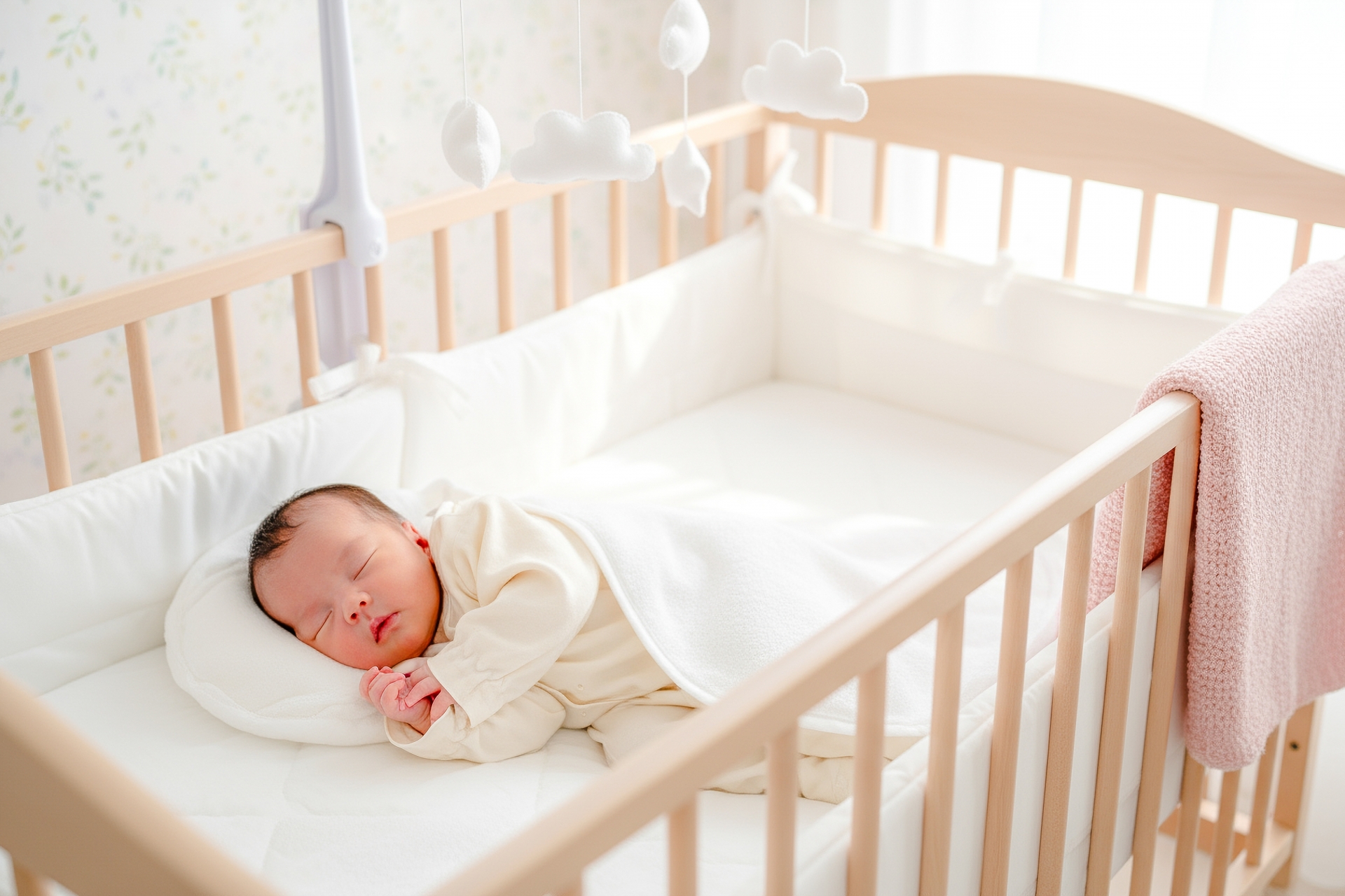 ベビーベッドと眠る赤ちゃん