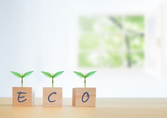 双葉が生えた「eco」の文字ブロック
