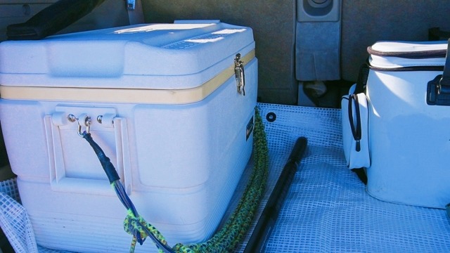 車内に置かれた大型のクーラーボックス