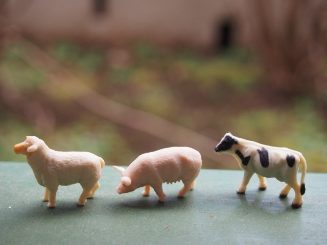 一列に並ぶ動物のフィギュア3体