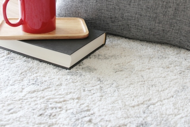 本とマグカップが置かれたカーペット