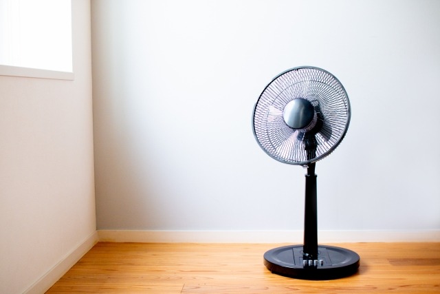 フローリングの部屋に置かれた黒い扇風機