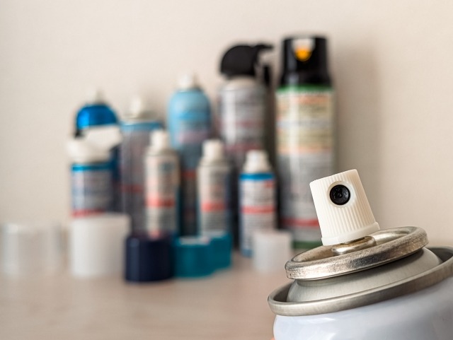 大量に並ぶ開封済みのスプレー缶