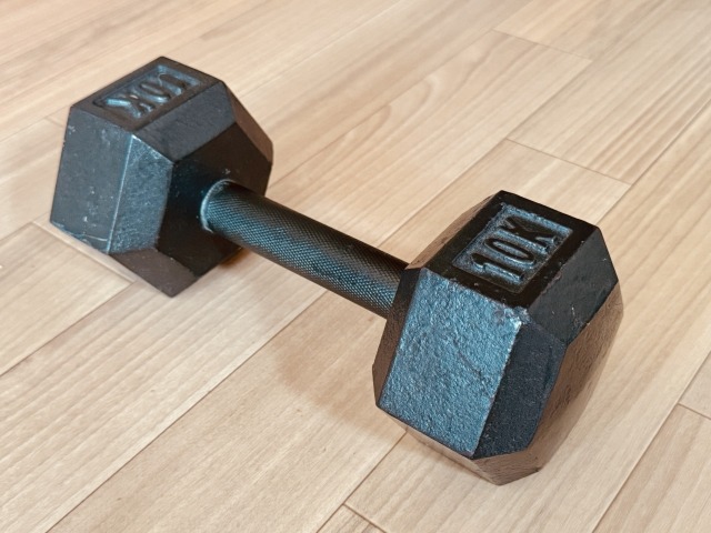 フローリングに置かれた10kgダンベル
