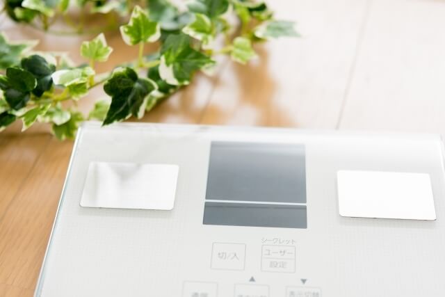 床に置かれた体重計とフェイクグリーン